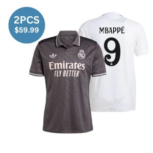 2 Pack - Mbappe #9 Real Madrid 2024/25 Home Authentic Soccer Jersey(White)  & Third Away Fan Version(Gray) Blank Jersey Combination