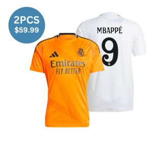 2 Pack - Mbappe #9 Real Madrid 2024/25 Home Authentic Soccer Jerseys(White)  & Away Fan Version(Orange) Blank Jersey Combination