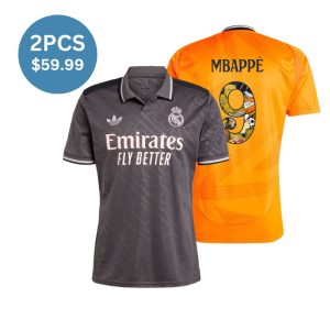 2 Pack - Mbappe #9 Real Madrid 2024/25 Away Authentic Soccer Jersey(Orange) Bear Champ Font & Third Away Fan Version(Gray) Blank Jersey Combination